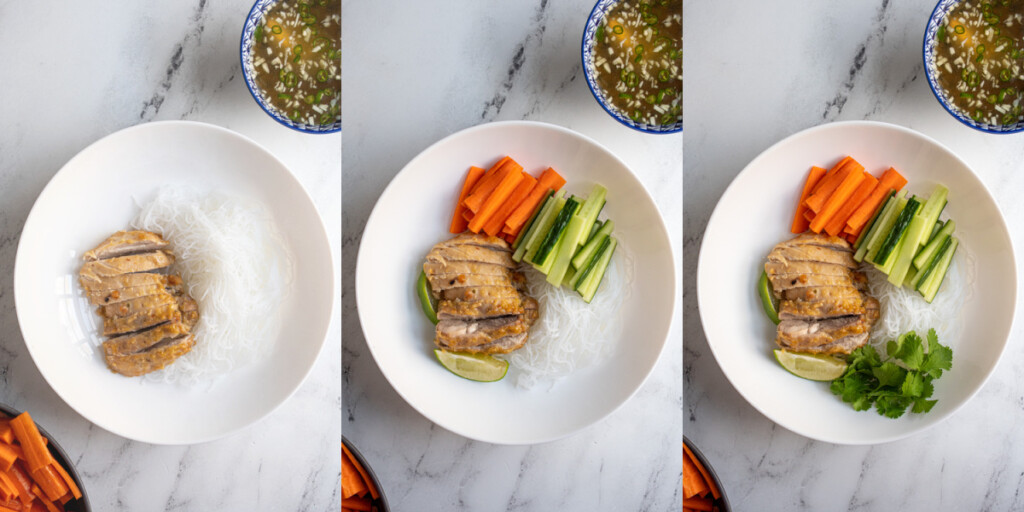 Collage showing a white bowl being filled with the ingredients for lemongrass chicken bowls with vermicelli noodles and veggies.