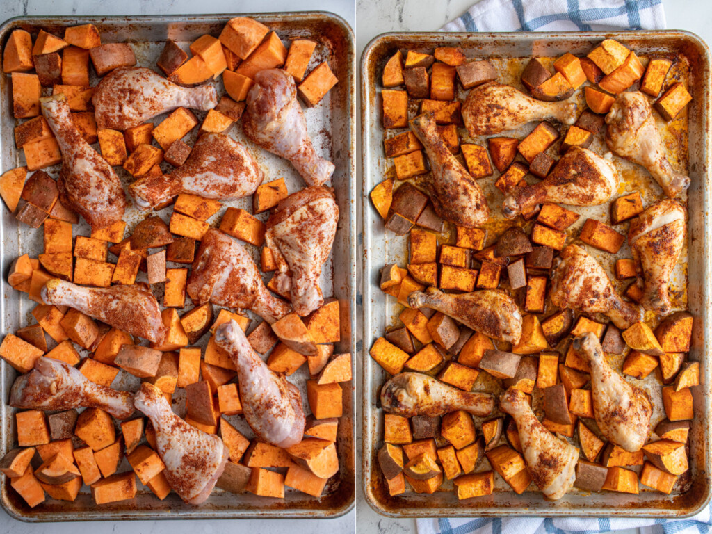 Collage of sheet pan with chicken legs and sweet potatoes before and after it goes into the oven.