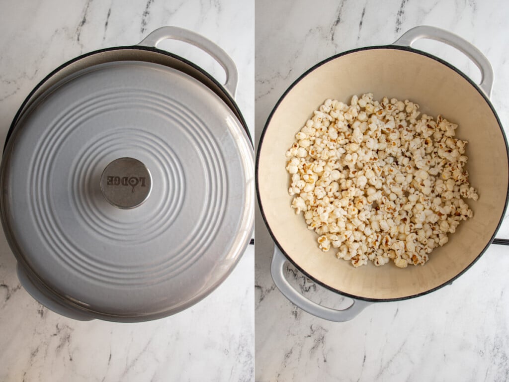 Collage showing the pot lid slightly open so that steam can escape and the final popcorn all popped in the pot.