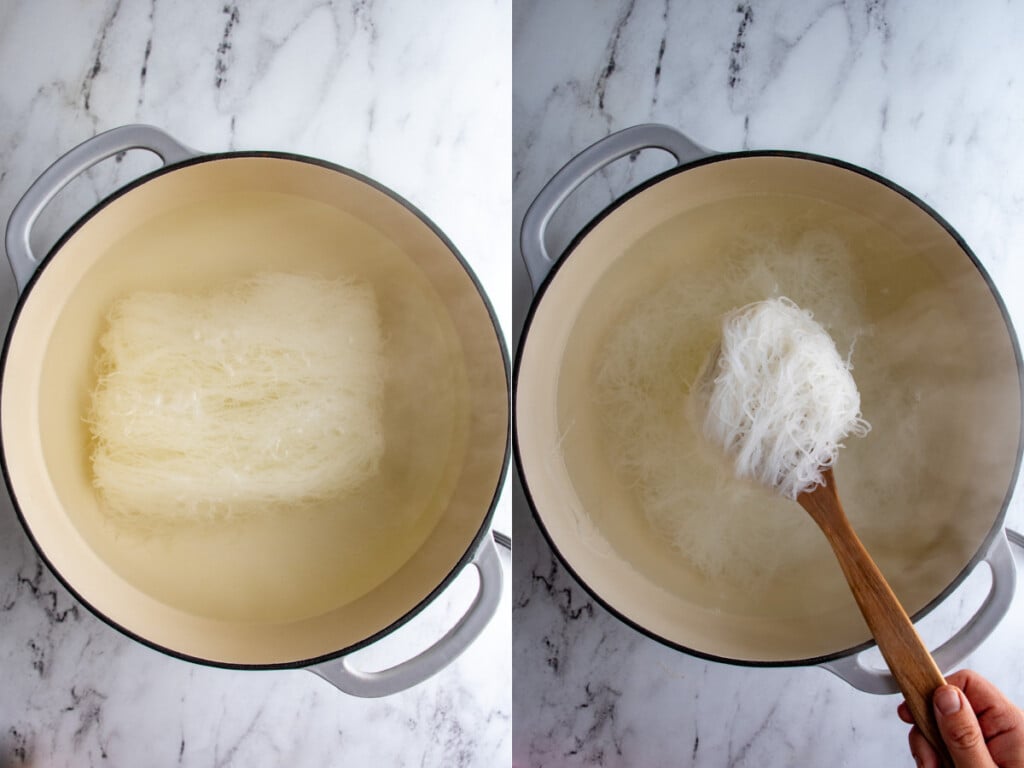 A large pot showing the vermicelli noodles being cooked and a spoon showing them off.