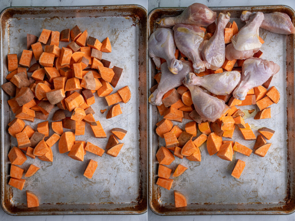 Collage showing diced sweet potatoes and then chicken legs added to a sheet pan.