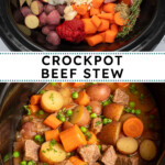 Pinterest pin with text overlay 'Crockpot Beef Stew', image of a crockpot filled with homemade beef stew.