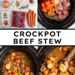 Pinterest pin with text overlay 'Crockpot Beef Stew', image of a crockpot filled with homemade beef stew.