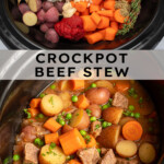 Pinterest pin with text overlay 'Crockpot Beef Stew', image of a crockpot filled with homemade beef stew.