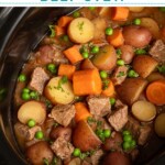 Pinterest pin with text overlay 'Crockpot Beef Stew', image of a crockpot filled with homemade beef stew.