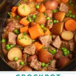 Pinterest pin with text overlay 'Crockpot Beef Stew', image of a crockpot filled with homemade beef stew.