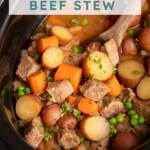 Pinterest pin with text overlay 'Crockpot Beef Stew', image of a crockpot filled with homemade beef stew.