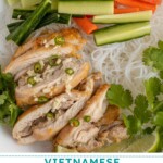 Pinterest pin with text overlay "Vietnamese Lemongrass Chicken Vermicelli Bowls", image of a white bowl filled with vermicelli noodles, lemongrass chicken, vegetables, and nuoc cham.