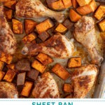 Pinterest pin with text overlay "Sheet Pan Chicken Legs & Sweet Potatoes", image of a sheet pan with baked chicken legs and sweet potatoes.
