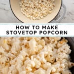 Pinterest pin with text overlay "How to Make Stovetop Popcorn", image of a gray sewing bowl filled with stovetop popcorn.