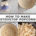 Pinterest pin with text overlay "How to Make Stovetop Popcorn", image of a gray sewing bowl filled with stovetop popcorn.