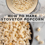Pinterest pin with text overlay "How to Make Stovetop Popcorn", image of a gray sewing bowl filled with stovetop popcorn.