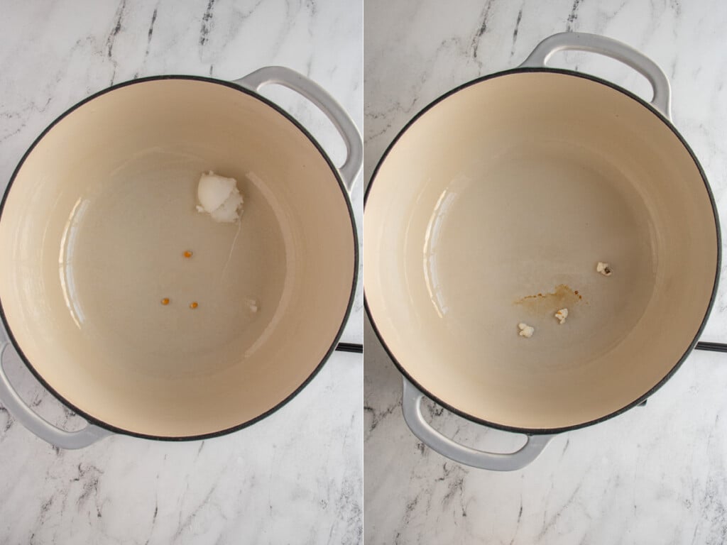 Collage showing the coconut oil and three tester popcorn kernels and then those kernels popped into popcorn.