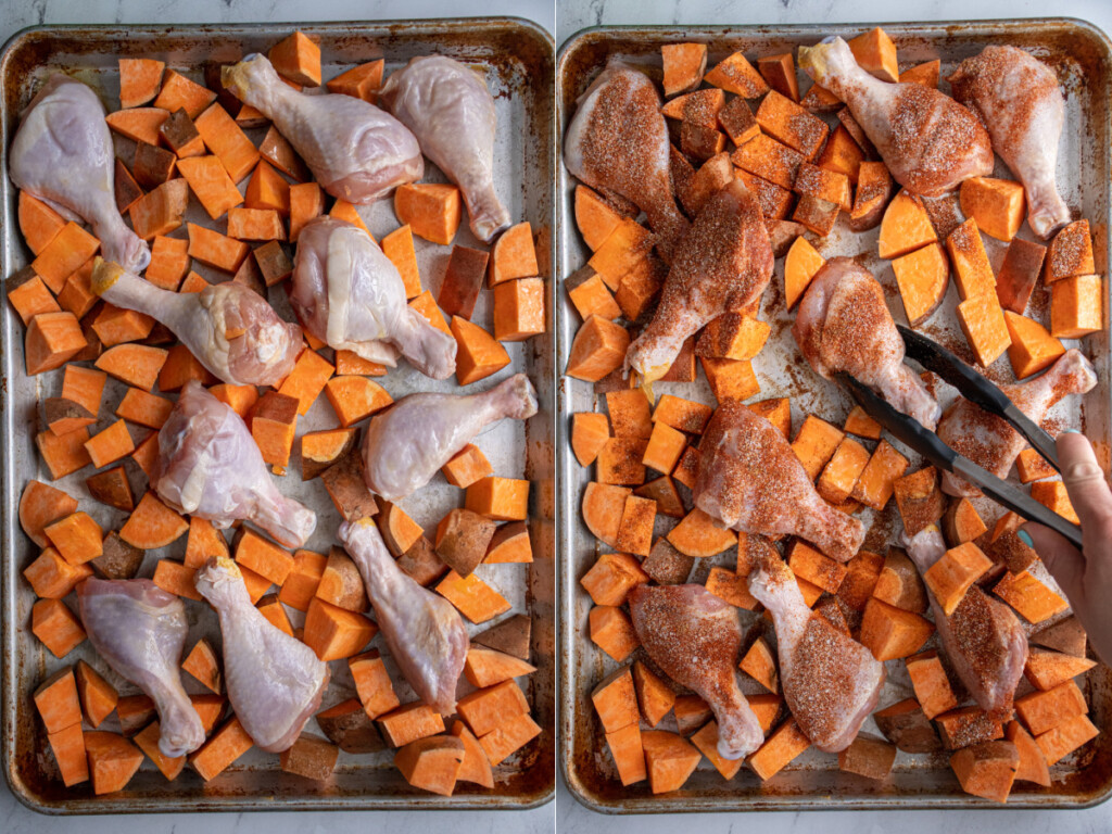 Collage showing a sheet pan with chicken and sweet potatoes and then the seasoning added.