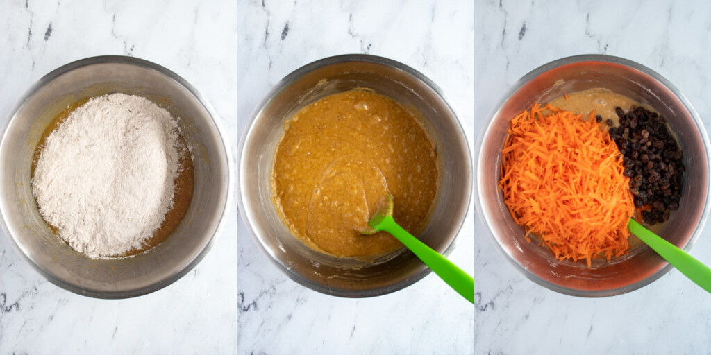 Collage showing the dry ingredients being added to the wet ingredients to make carrot cake followed by shredded carrots and raisins.