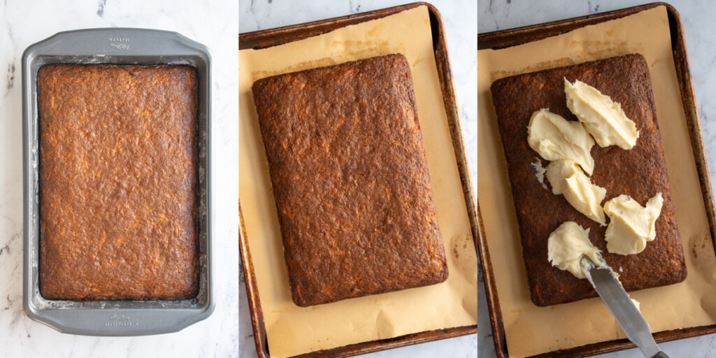 Collage showing the carrot cake fresh out of the oven and transferred to a pan to be frosted.