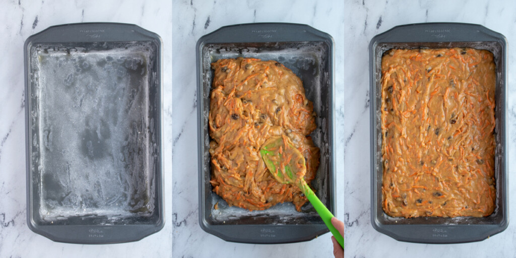 Collage showing an oiled and floured pan, and the orange carrot cake batter being added to the pan.