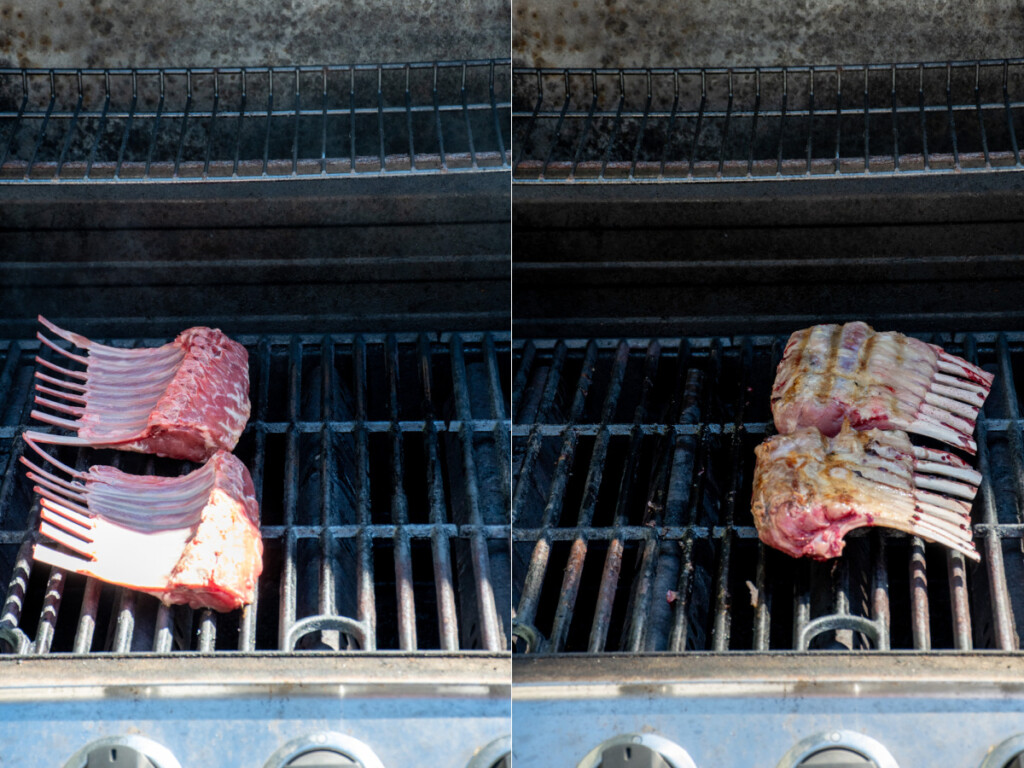 A gas grill with the first part of cooking rack of lamb over indirect heat and then moving the rack of lamb to direct heat.