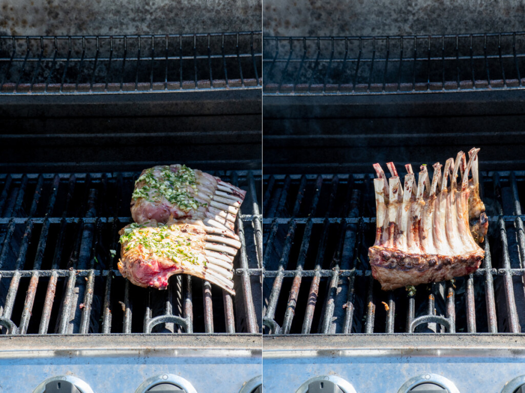 Adding the rosemary garlic mixture to the grilling rack of lamb and then showing the last part of cooking were the lamb leans on each other to finish cooking.