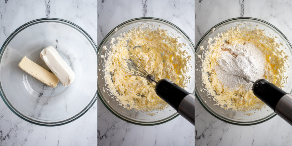 Collage showing the making of cream cheese frosting to put on top of carrot cake.