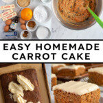 Pinterest pin with text overlay "Easy Homemade Carrot Cake", image of a slice of orange spiced carrot cake with cream cheese frosting on a plate.