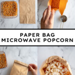Pinterest pin with text overlay "Paper Bag Microwave Popcorn", image of a brown bag rolled up and popcorn tumbling out onto a tabletop.