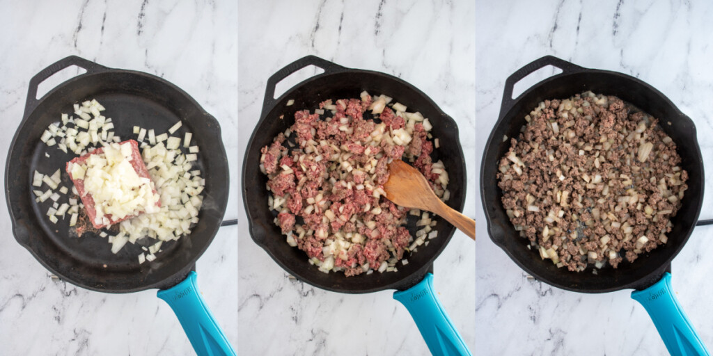 The first steps to making taco rice skillet brewing the ground beef and onion.