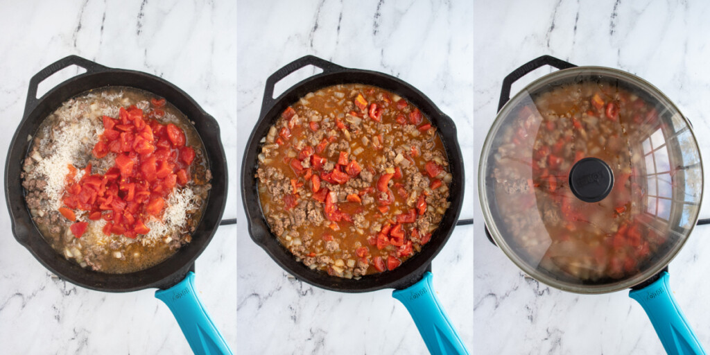 Steps of making taco rice skillet showing adding diced tomatoes, rice and taco seasoning to the cast iron skillet and covering to cook.