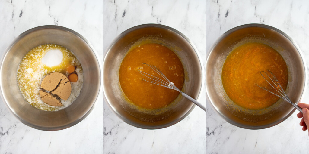 Collage showing the steps to making carrot cake including adding all the the wet ingredients together and stirring well.