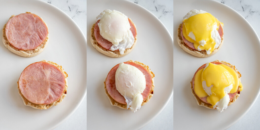 Collage showing the building of eggs Benedict with English muffin with Canadian bacon, poached eggs, and the hollandaise sauce.