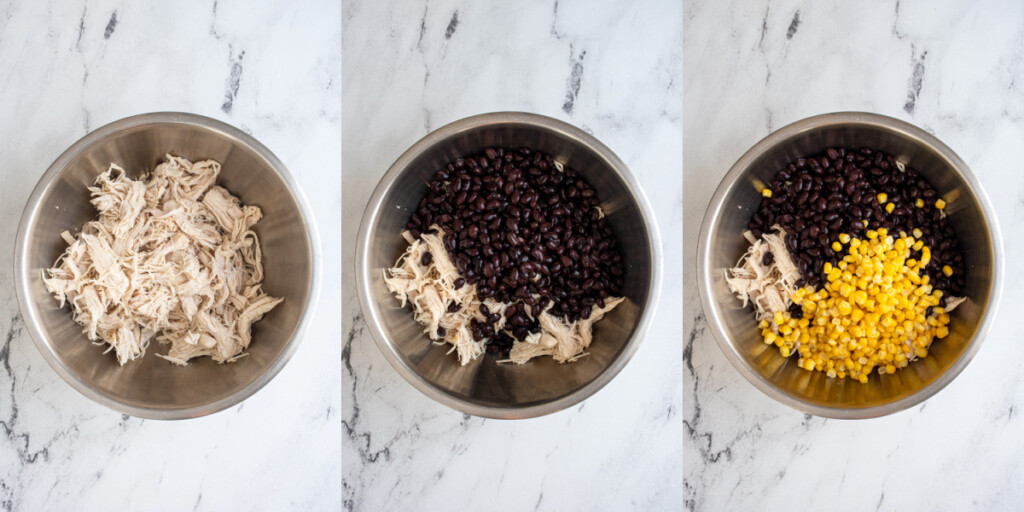 Collage showing the first steps to making chicken enchilada casserole filling.