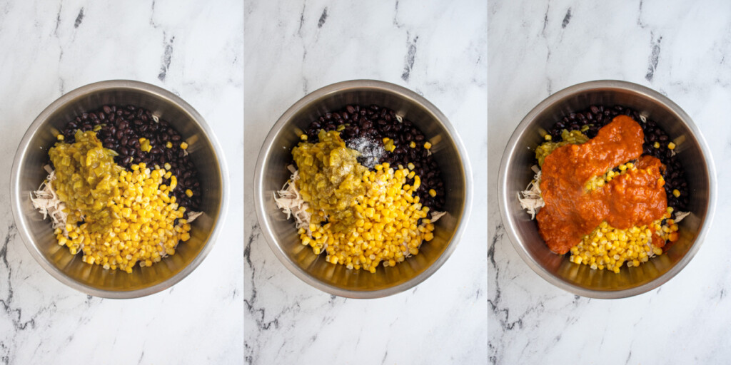 Collage showing the second steps to making chicken enchilada casserole filling.