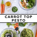 Pinterest pin with text overlay "Carrot Top Pesto", image of a glass jar with green carrot top pesto.