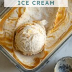 Pinterest Pin with text overlay "Cottage Cheese Ice Cream", image of a bowl filled with banana cottage cheese ice cream.