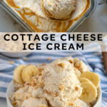 Pinterest Pin with text overlay "Cottage Cheese Ice Cream", image of a bowl filled with banana cottage cheese ice cream.