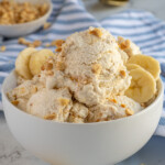 Pinterest Pin with text overlay "Cottage Cheese Ice Cream", image of a bowl filled with banana cottage cheese ice cream.