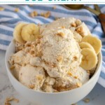 Pinterest Pin with text overlay "Cottage Cheese Ice Cream", image of a bowl filled with banana cottage cheese ice cream.