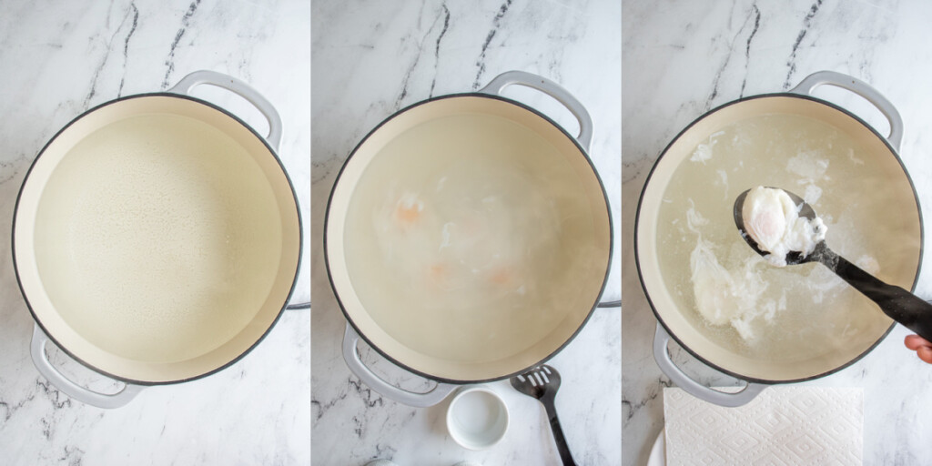 A large pot of water at a simmer with eggs added for poaching.