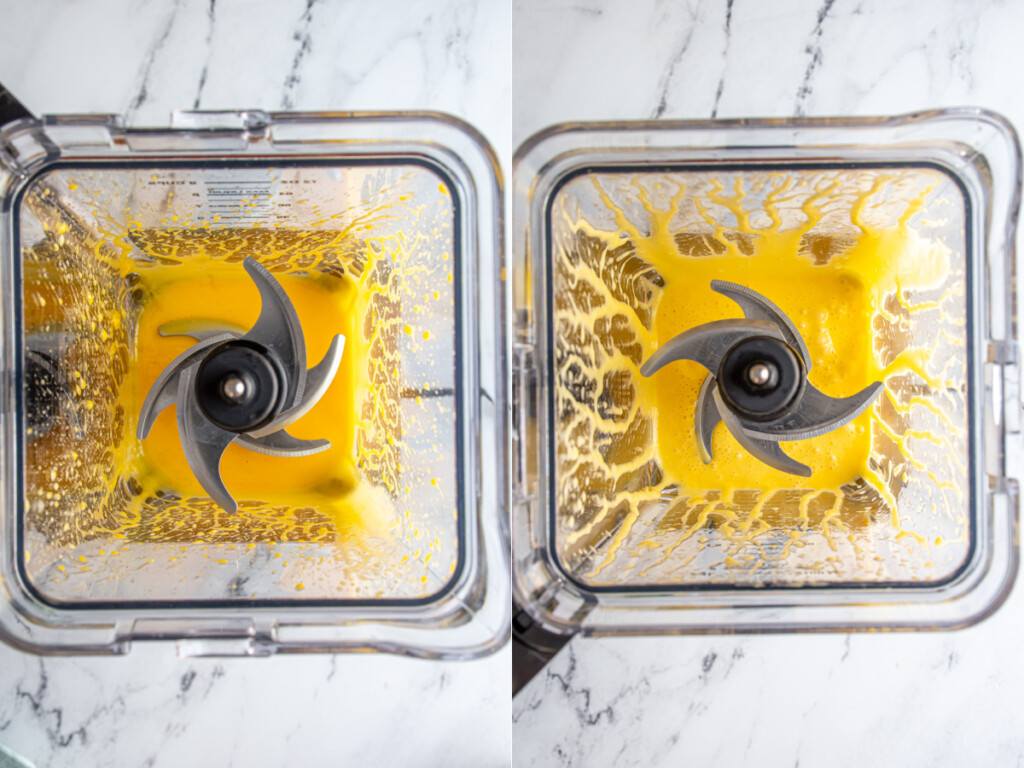 Steps showing egg yolks blended in a blender and then after the butter is added making blender hollandaise sauce.