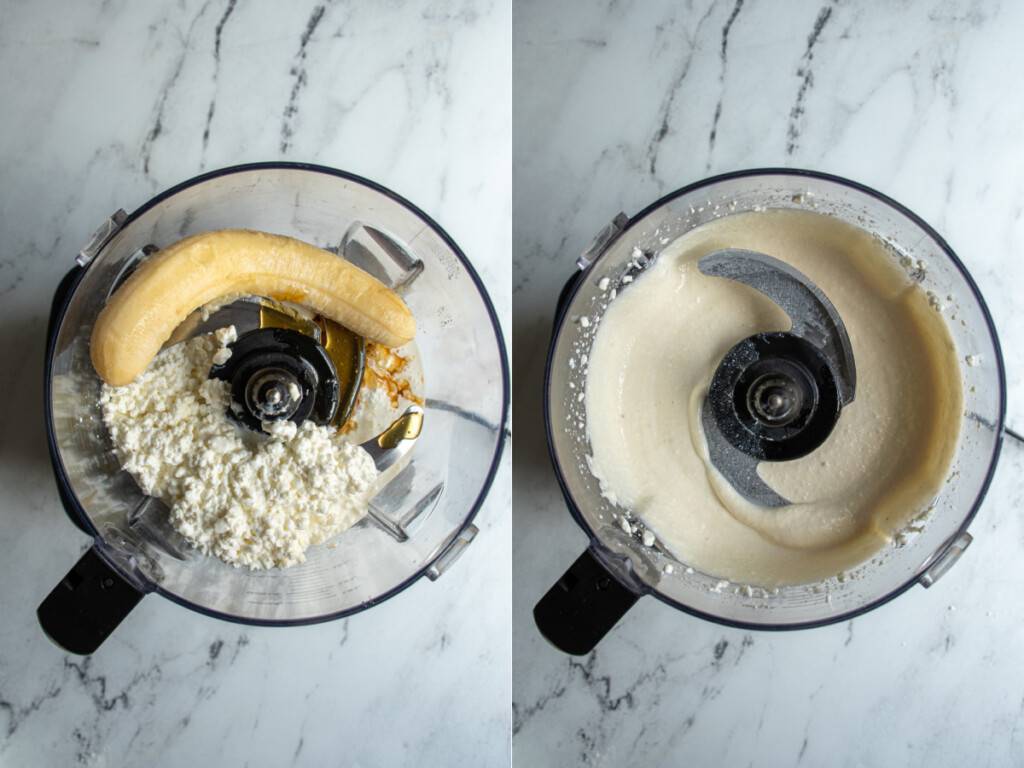 Steps showing the food processor with the ingredients before and after blending to make cottage cheese ice cream.