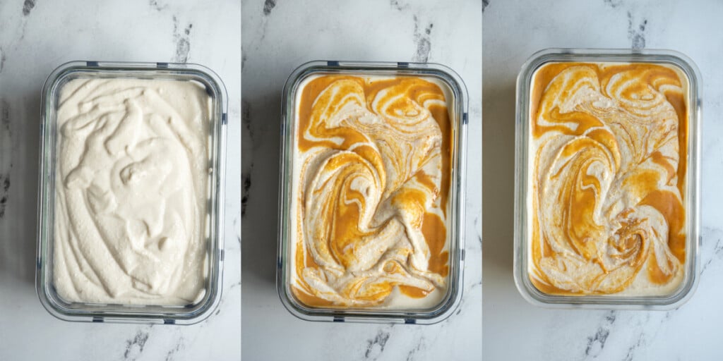 Steps showing the base for the cottage cheese ice cream added to a container and the peanut butter added and then it all frozen.