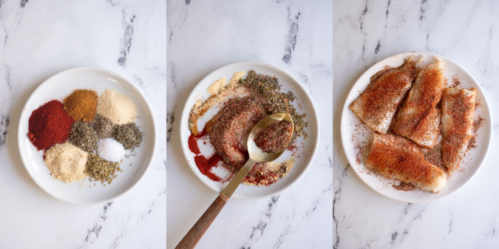 The spices needed for making blackening seasoning on a plate.