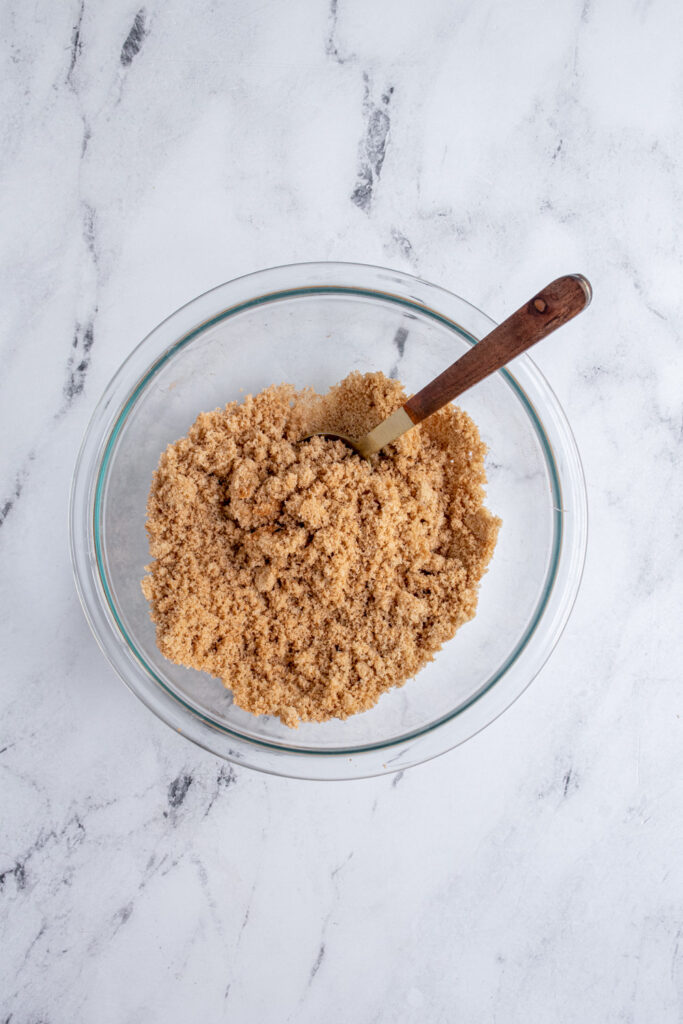 Bowl of brown sugar and cinnamon for the topping on rhubarb coffee cake.