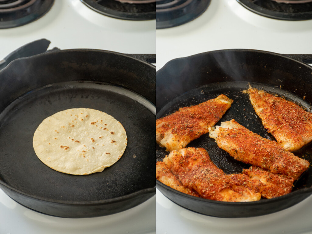 A cast iron skillet with a tortilla and seasoned blackened fish being cooked.