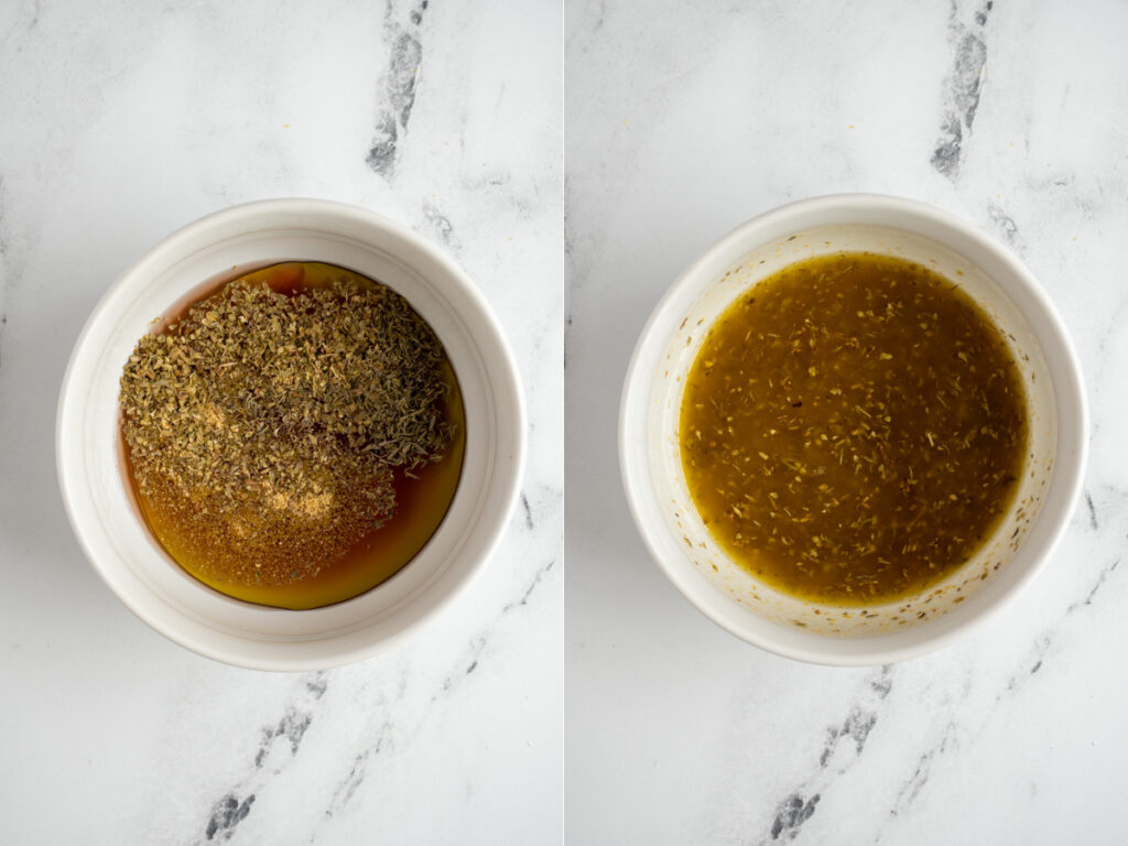 Homemade greek dressing for quinoa chickpea salad.