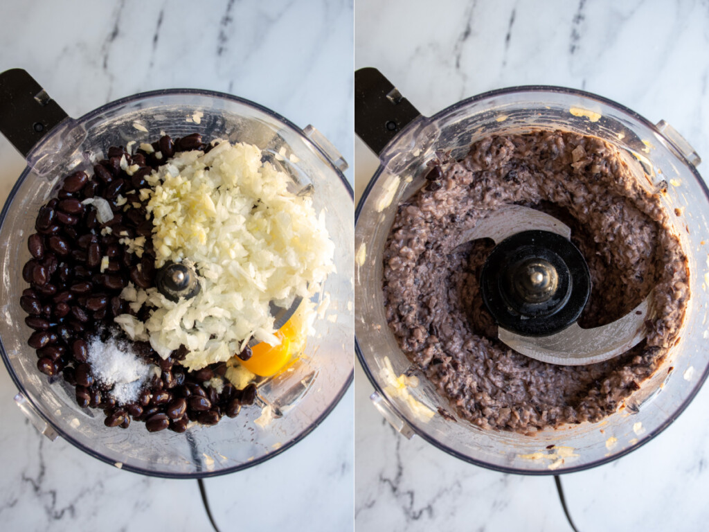 The ingredients in the food processor and what they look like all processed together.