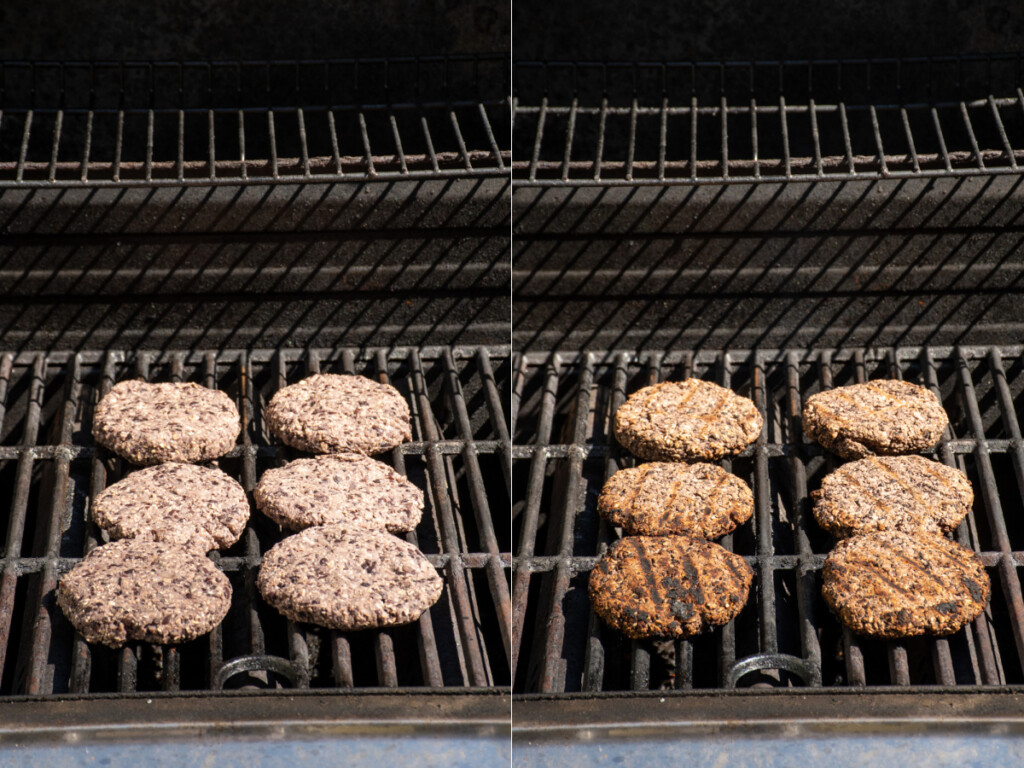 Black bean burgers on an outside grill.