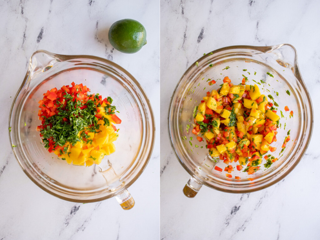 A glass bowl filled with freshly make mango salsa.
