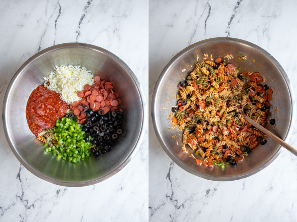 Steps of mixing the pizza pasta salad together in a mixing bowl.