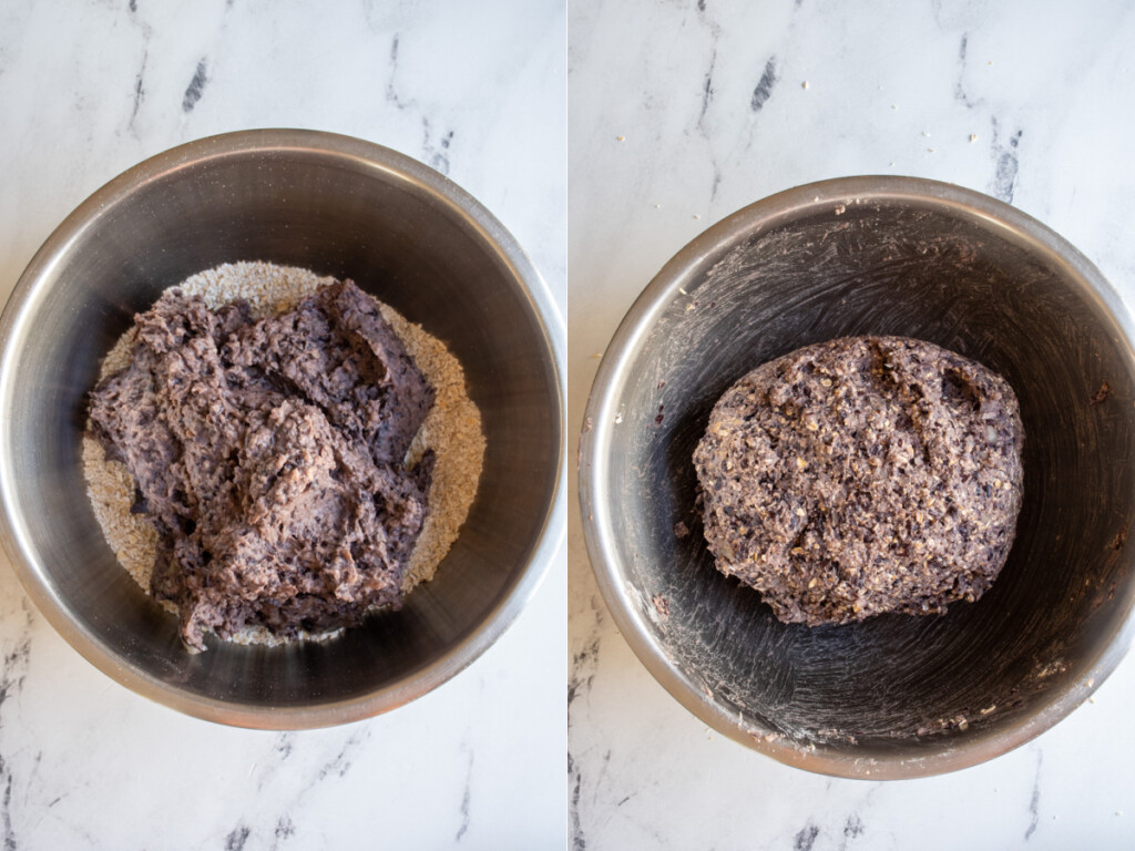 Black bean mixture added to the oats mixture to make black bean burgers.